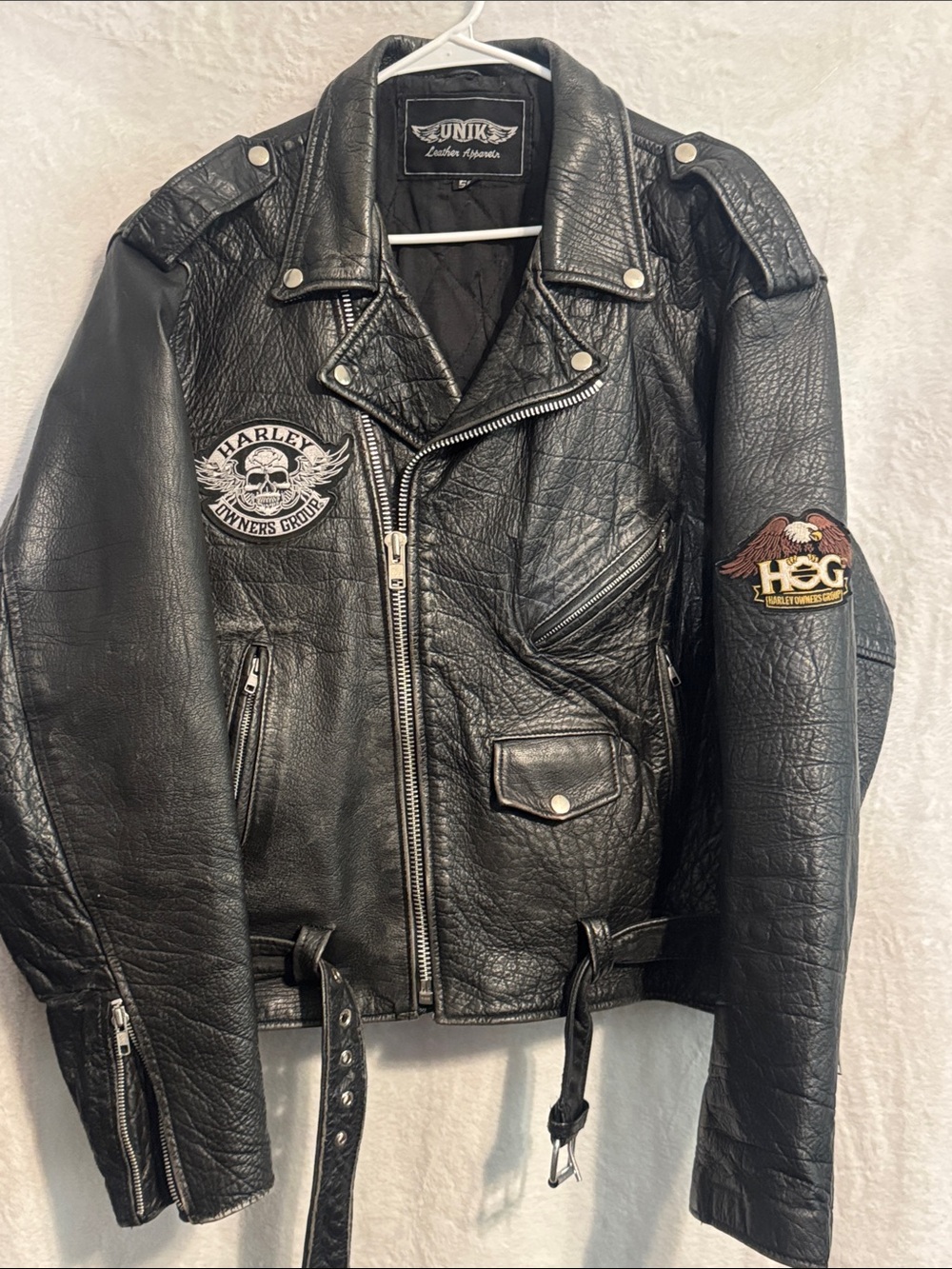 Vintage Unik Black Leather Bomber Jacket with Harley Owners Group Patches